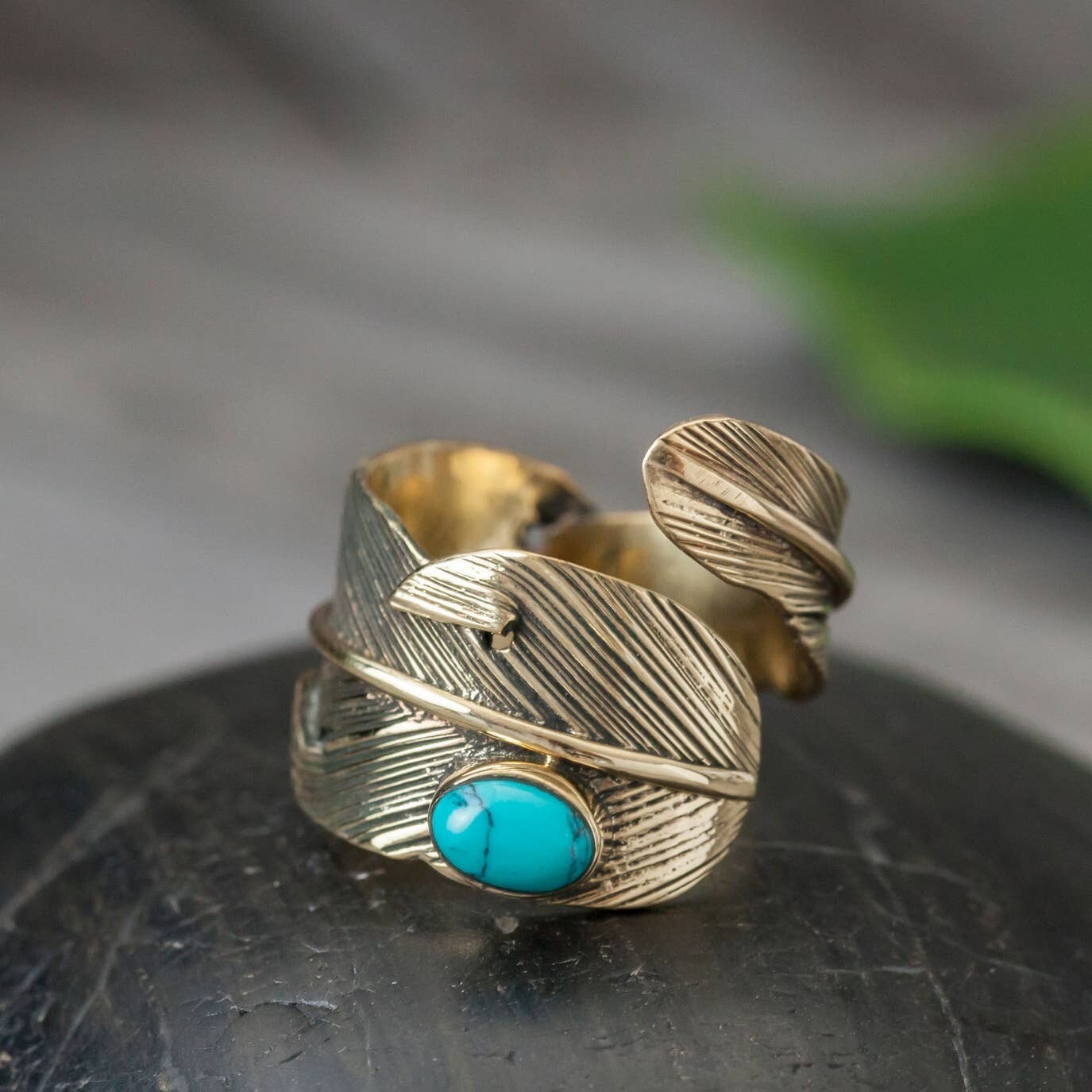 Brass & Turquoise Feather Ring