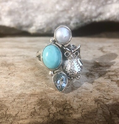Mohave Turquoise and BlueTopaz Owl Ring Size 6