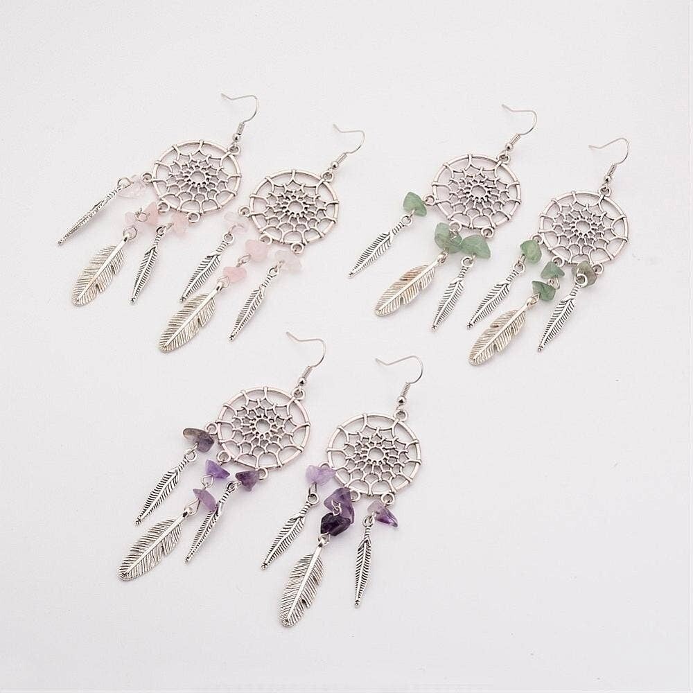 Gemstone Dreamcatcher Dangle Earrings