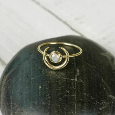 Brass Horn Ring with Faceted Moonstone