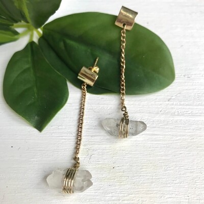 Brass Chain Stud Earrings with Quartz Points