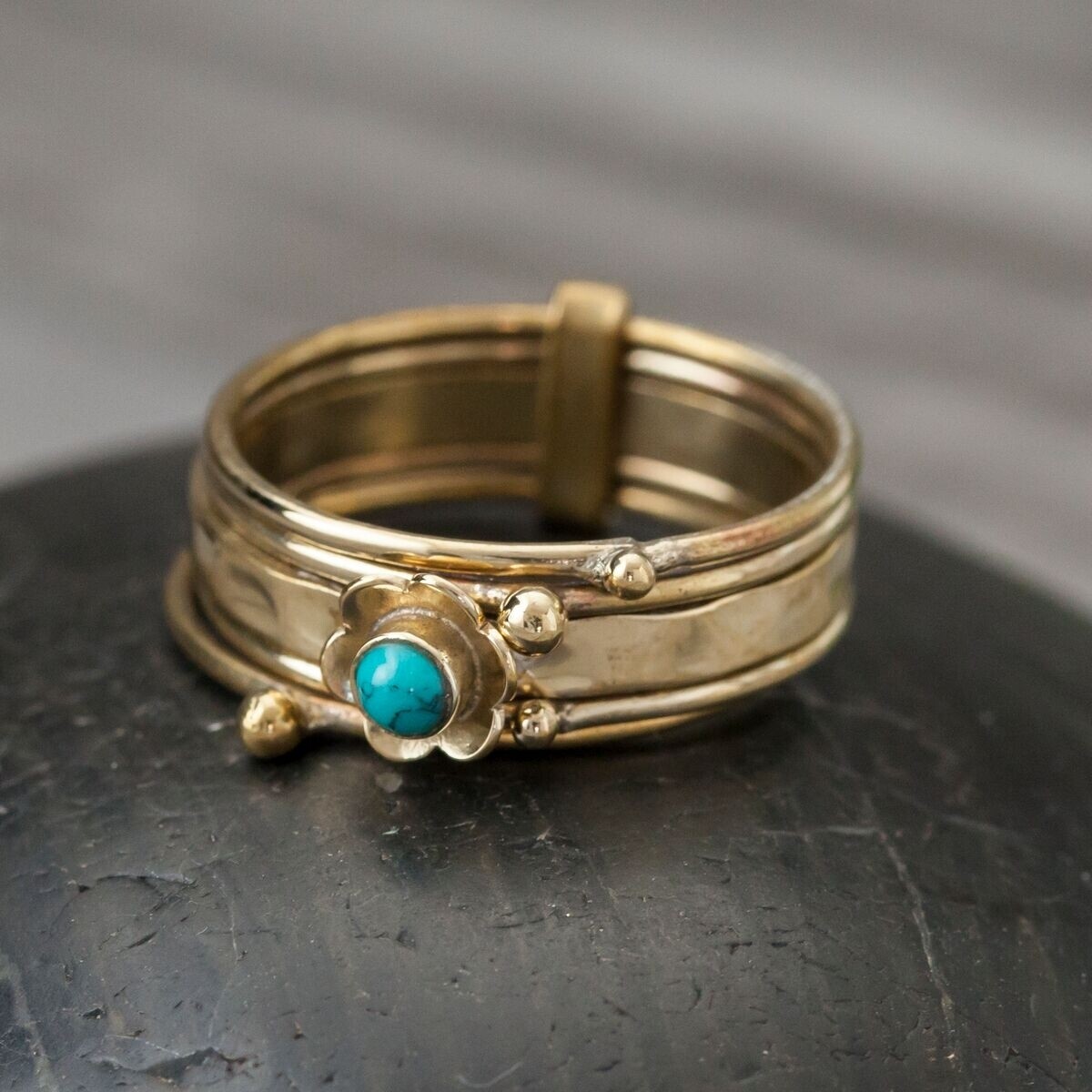 Brass Flower Stack Ring with Turquoise