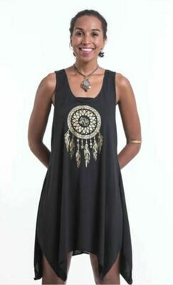 Super Soft Cotton Dreamcatcher Tank Dress Gold on Black