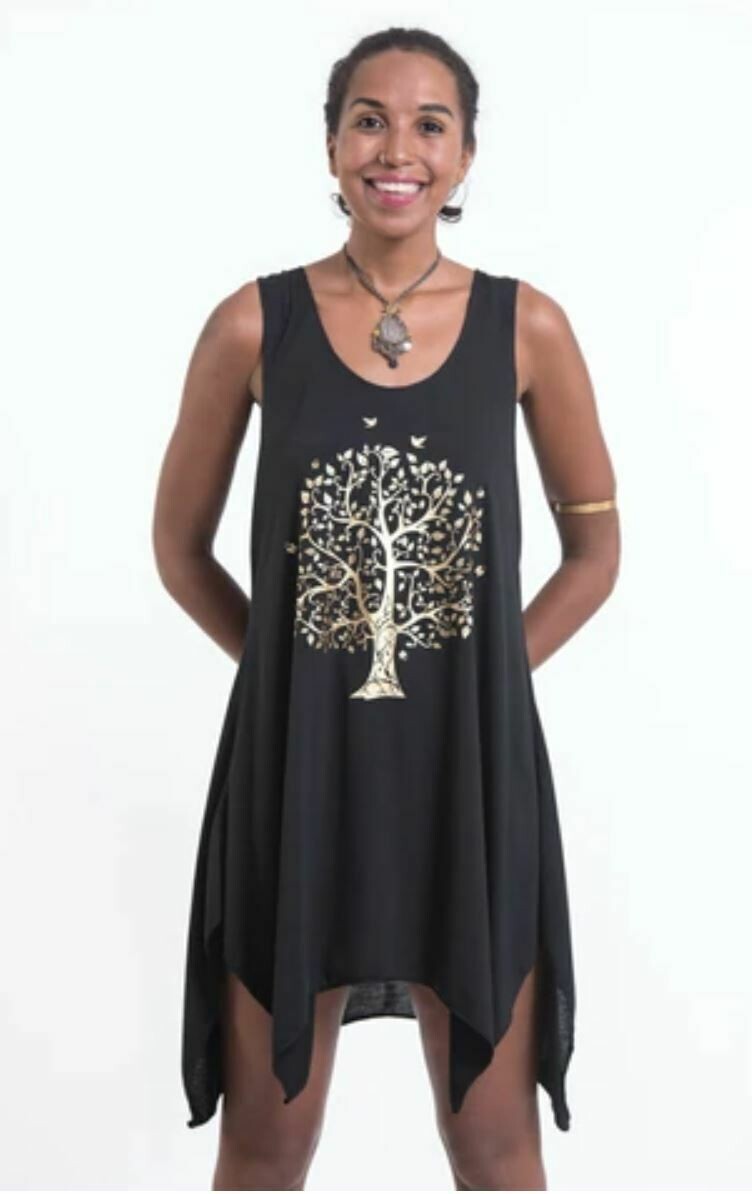 Super Soft Cotton Bodhi Tree Tank Dress Gold on Black