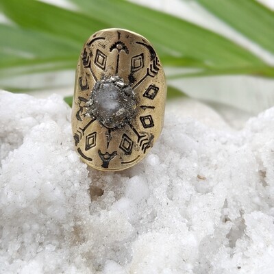 Stamped Patina Moonstone and Pyrite Adjustable Ring