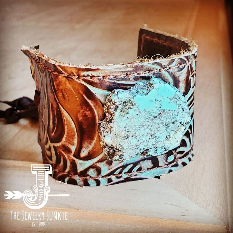 Leather Cuff w/ Tie-Turquoise Brown Floral w/ Turquoise Slab