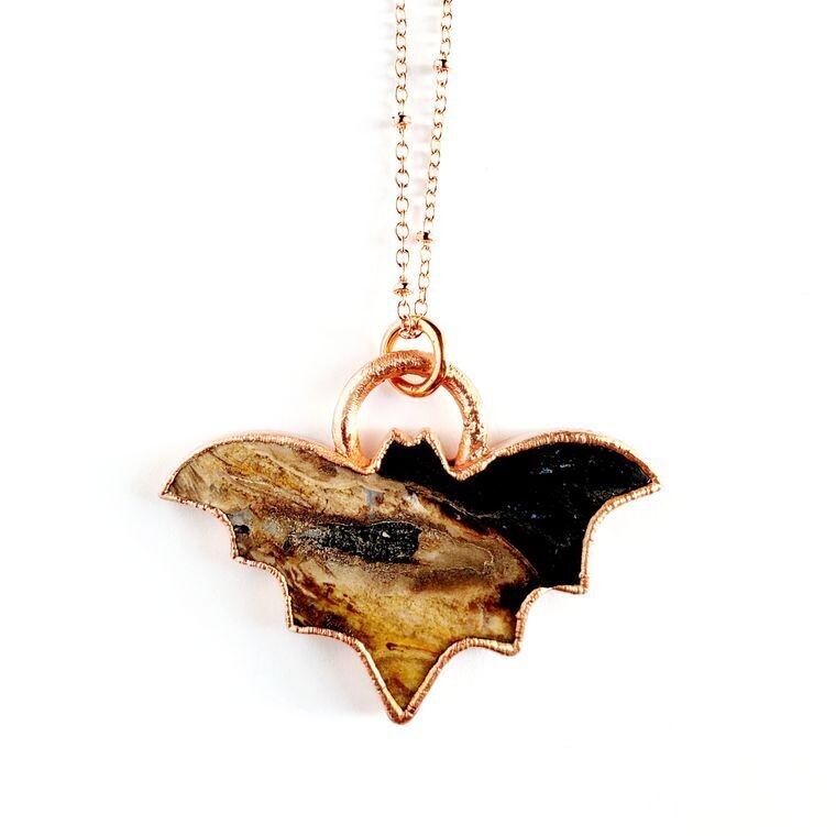 Fossilized Palm Wood Copper Bat Necklace