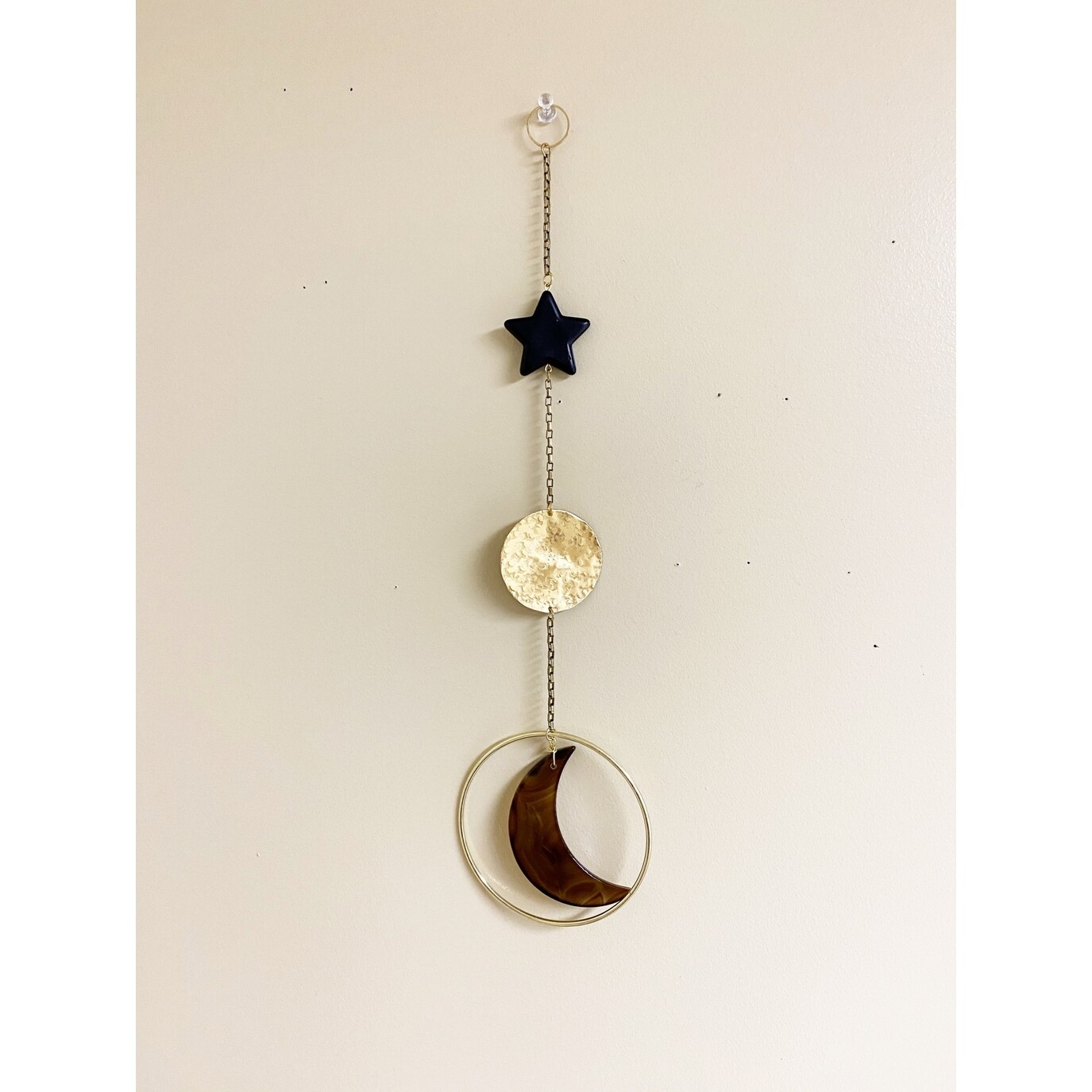 Star and Moon Celestial Gemstone and Brass Wall Hanging