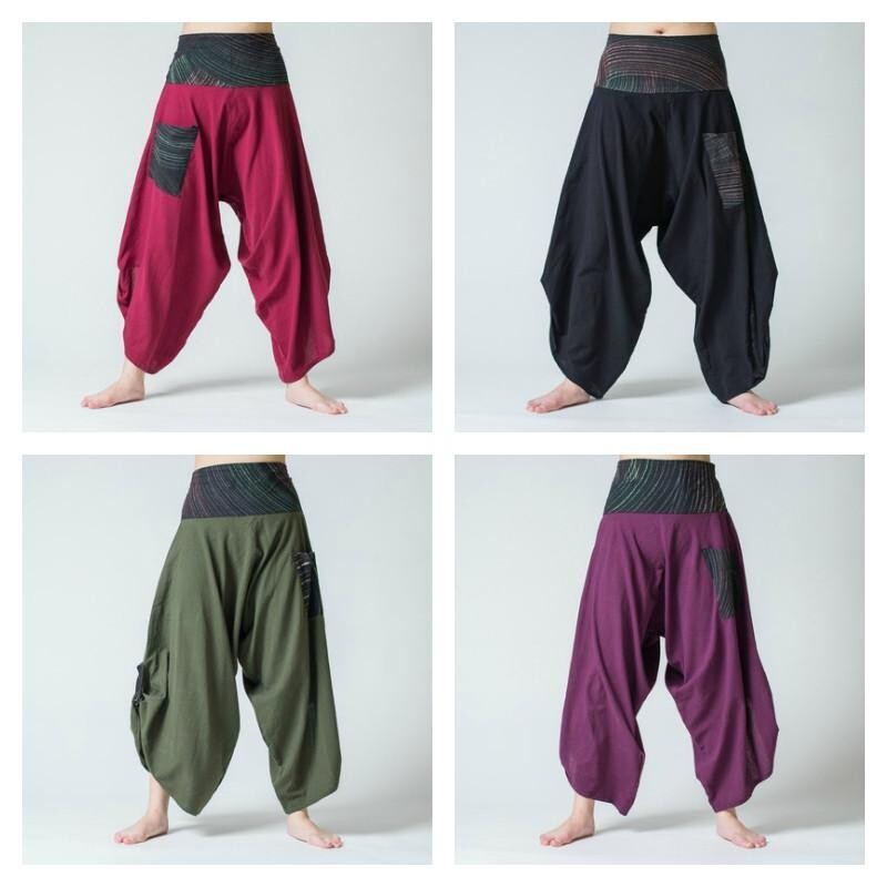 Thai Button Up Cotton Harem Pants with Hill Tribe