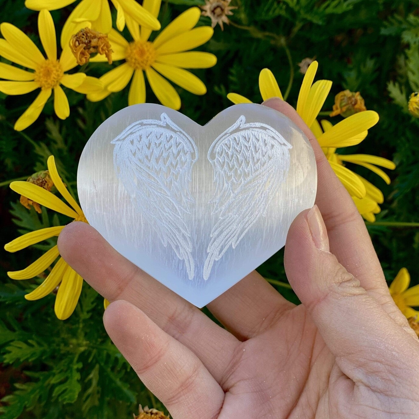 Selenite Heart with Angel Wing Engraving