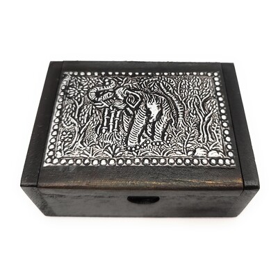 Pounded Metal Elephant Box with hinged lid Mango Wood
