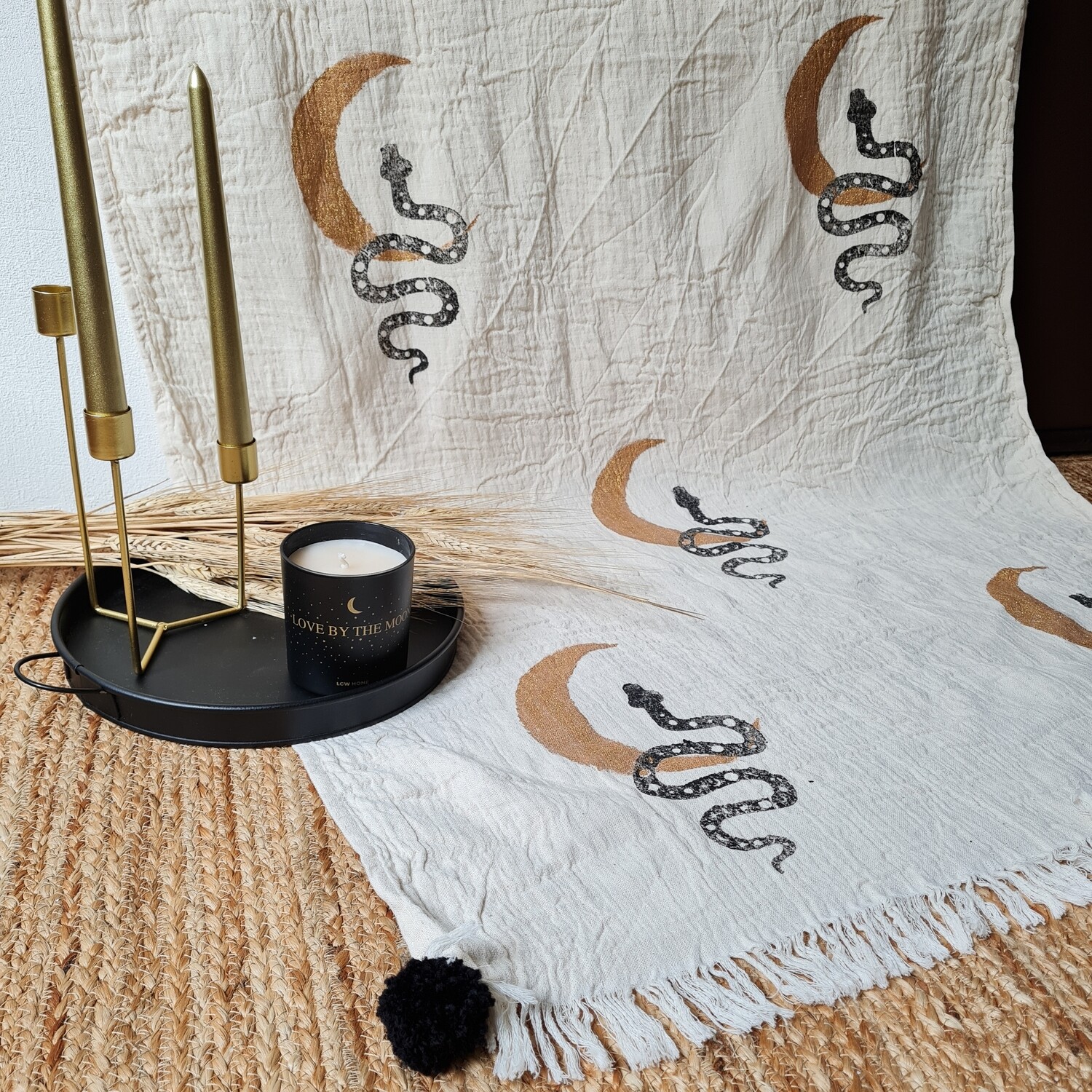 Snake And Moon Throw Blanket With Pom Pom