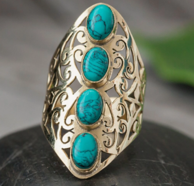 Brass Filigree Ring With Turquoise