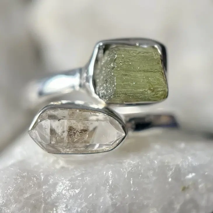 Moldavite with Herkimer Diamond Sterling Silver Ring Size 6