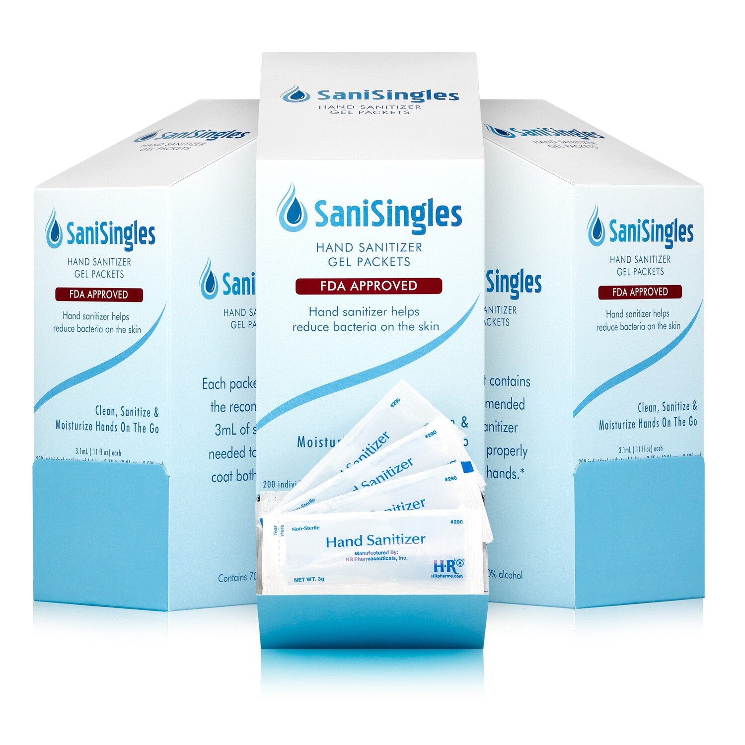 SaniSingles Boxes - Hand Sanitizer Gel Packets - 200 units - Total of 640mL per box