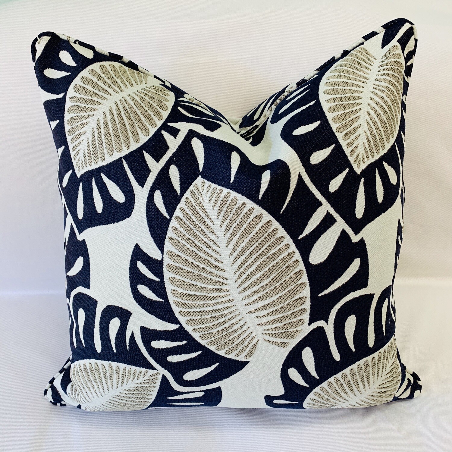 Navy, Grey &amp; White Tropical Leaf Pillow