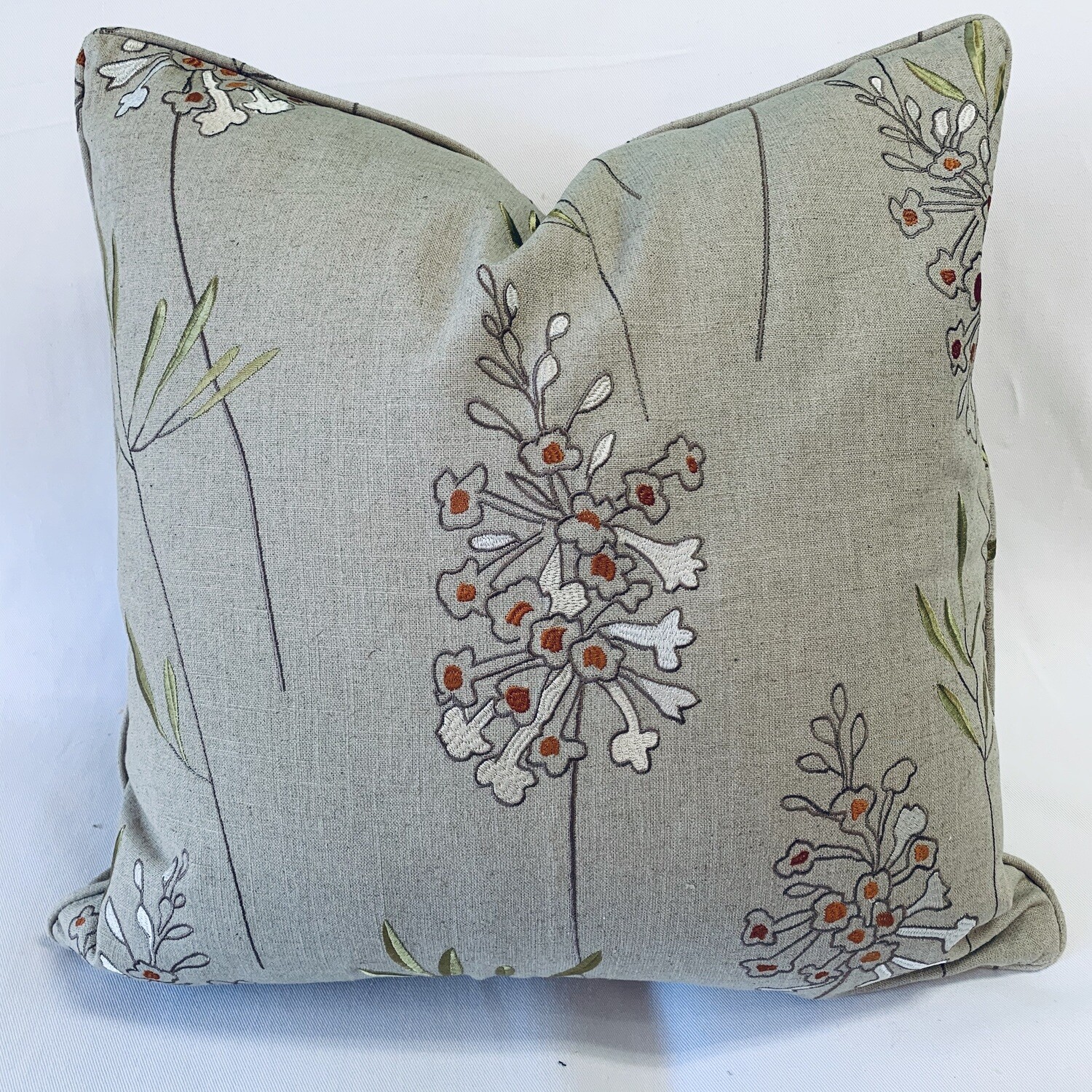 White &amp; Orange Floral on Flax Background Embroidered Pillow