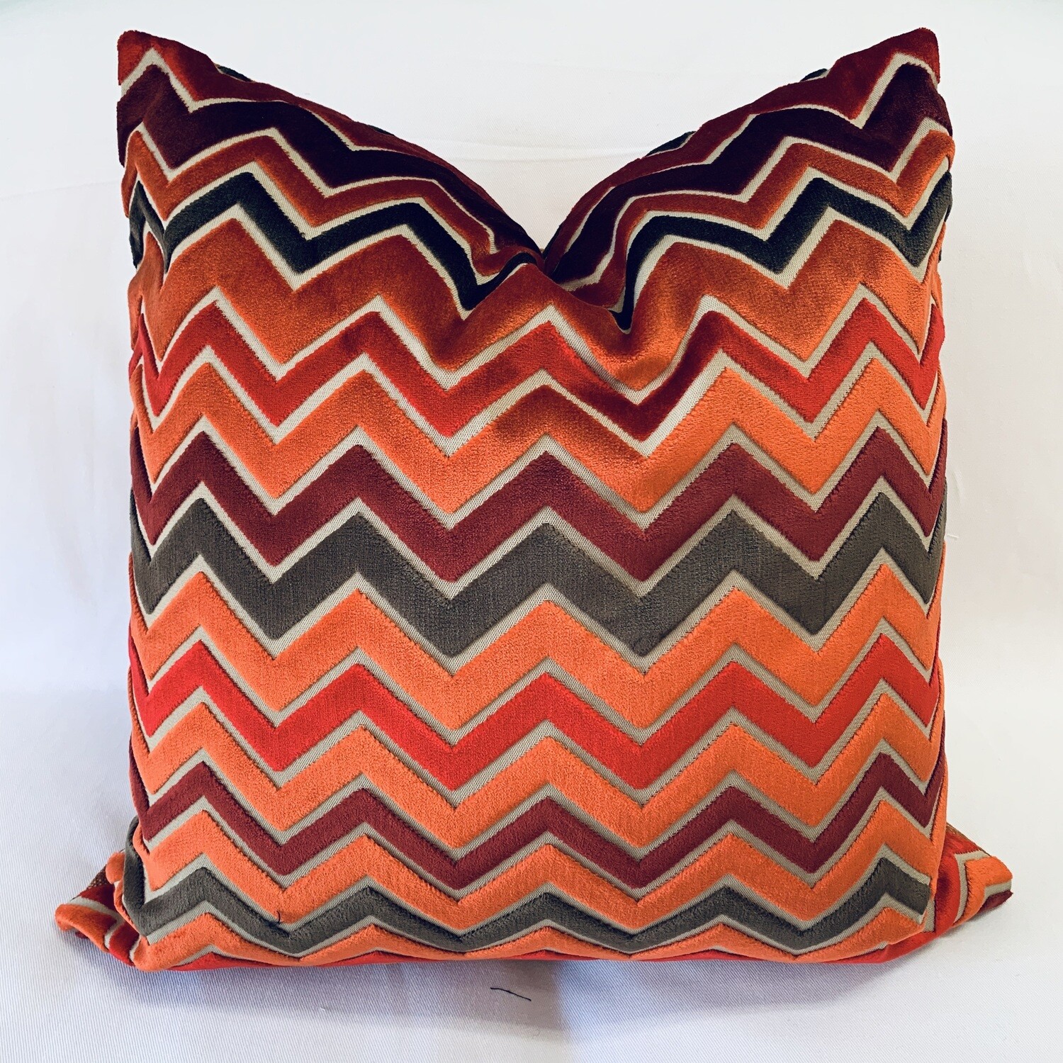Multi Orange Zigzag Stripe Cut Velvet Pillow