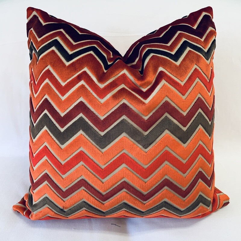 Multi Orange Zigzag Stripe Cut Velvet Pillow