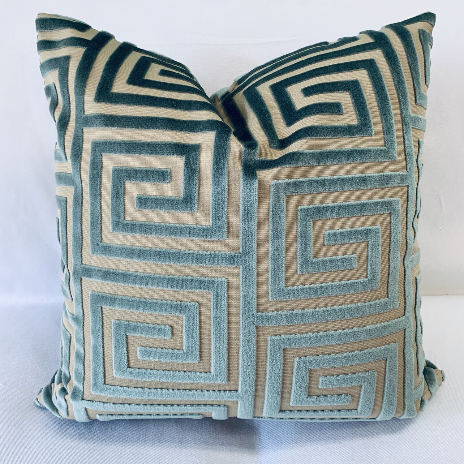 Light-Blue Greek Key Cut Velvet Pillow