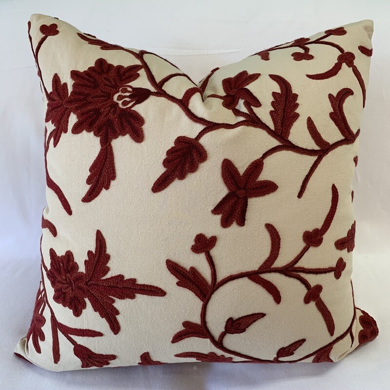 Crewelwork Red Floral Pillow