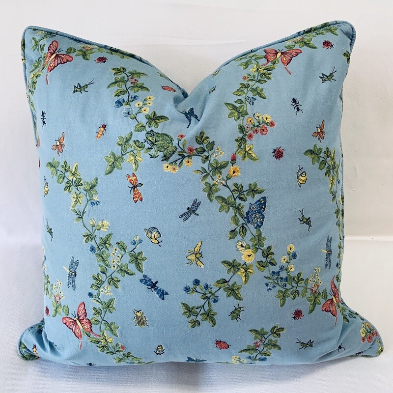 Garden Scene on Blue Background Pillow