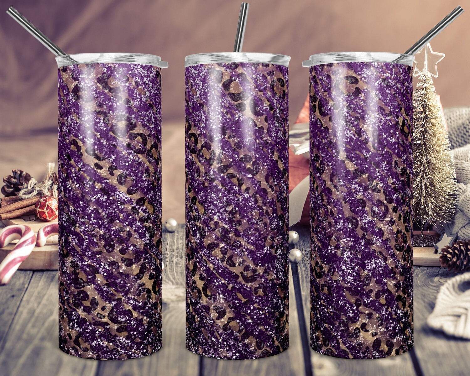 Purple Ombre Glitter with Cheetah Accents - Add your own text -  20oz Skinny & Straight TUMBLERS PNG Sublimation