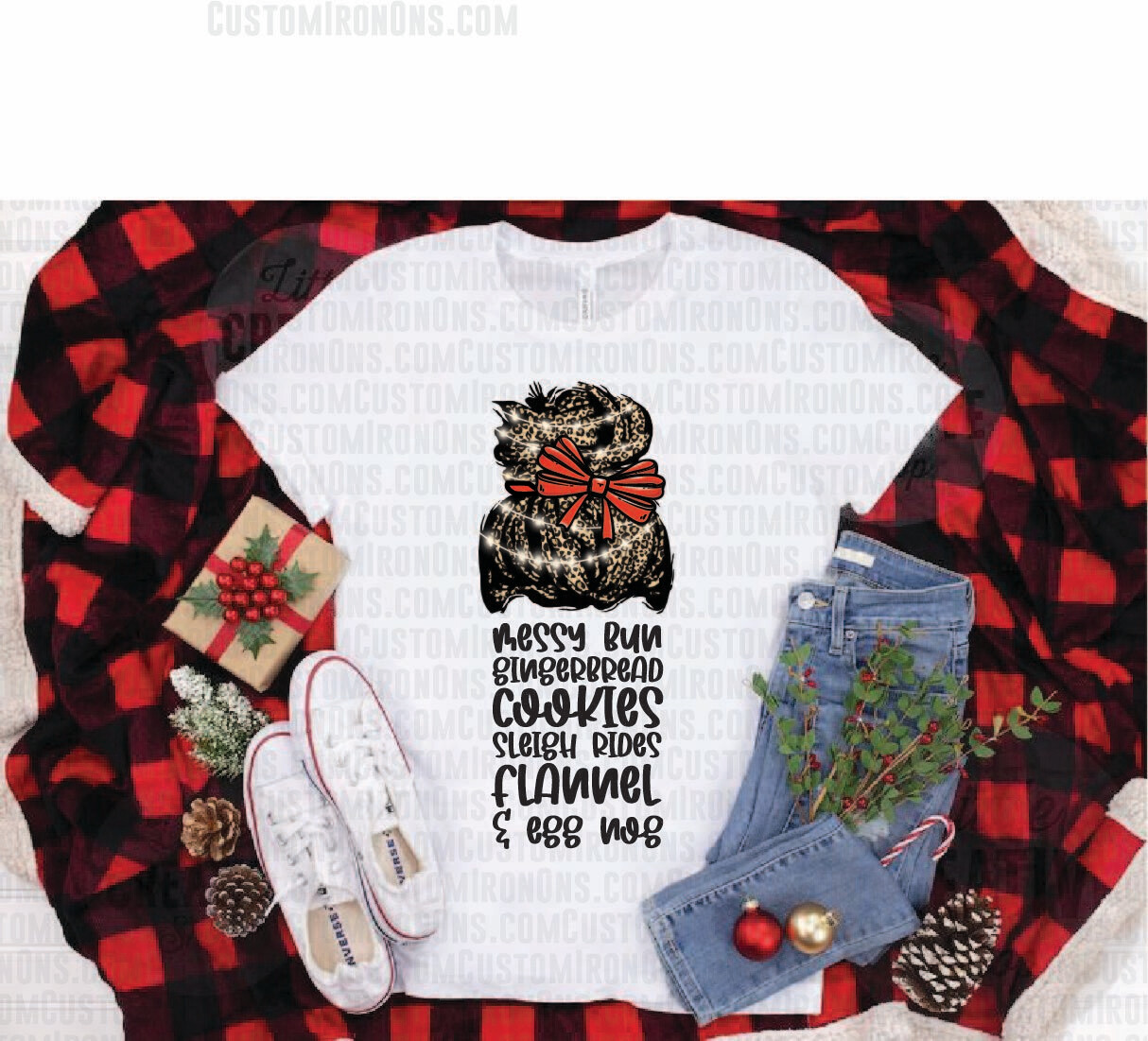 Holiday Messy Bun Gingerbread Cookies Sleigh Rides Flannel and Egg Nog - PNG Sublimation Waterslide