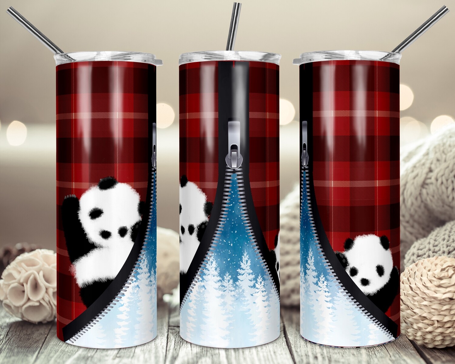 Cute Panda's - Buffalo Plaid Winter Zipper - 20oz & 30oz Skinny TUMBLER PNG Sublimation