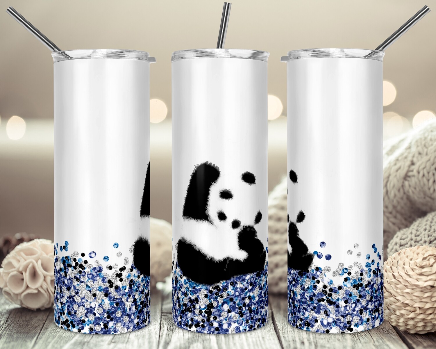 Waving Panda on Blue Glitter- 20oz & 30oz Skinny TUMBLER PNG Sublimation