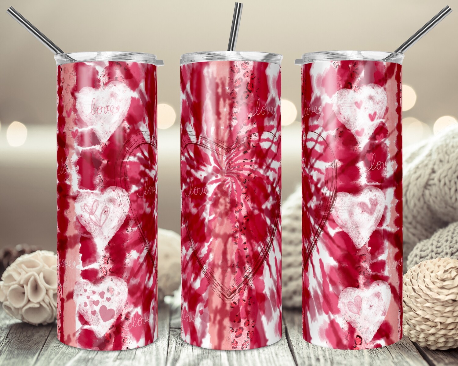 Valentines Tie Dye 3 hearts - 20oz & 30oz Tapered + 20oz STRAIGHT TUMBLER PNG Sublimation