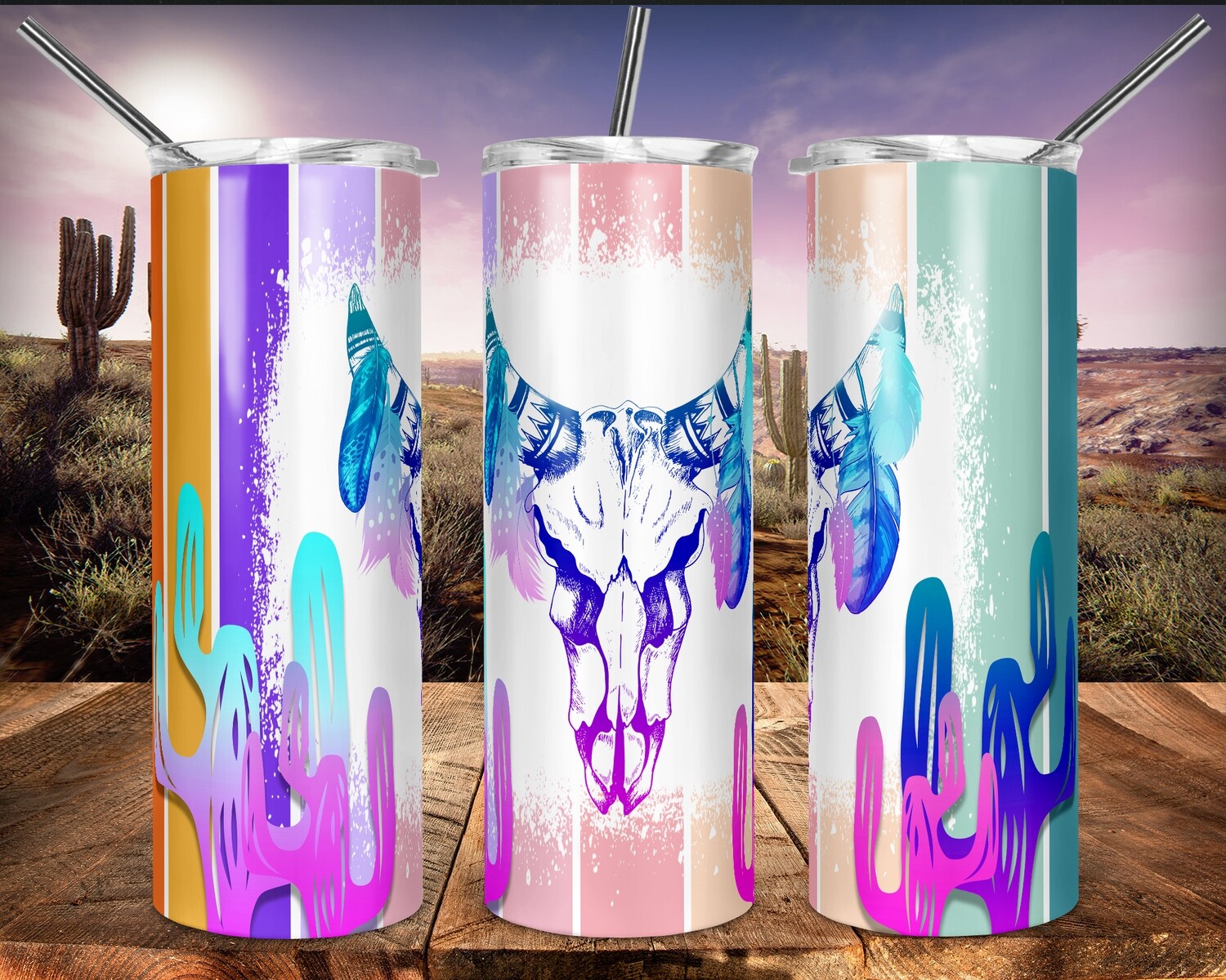 Cow Skull with Feathers Boho Chic - 20oz Taper + STRAIGHT TUMBLER PNG Sublimation