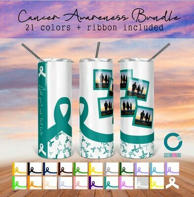 Cancer Awareness Bundle - 21 colors + Ribbon - Add your own Text - 20oz Taper + STRAIGHT TUMBLER PNG Sublimation