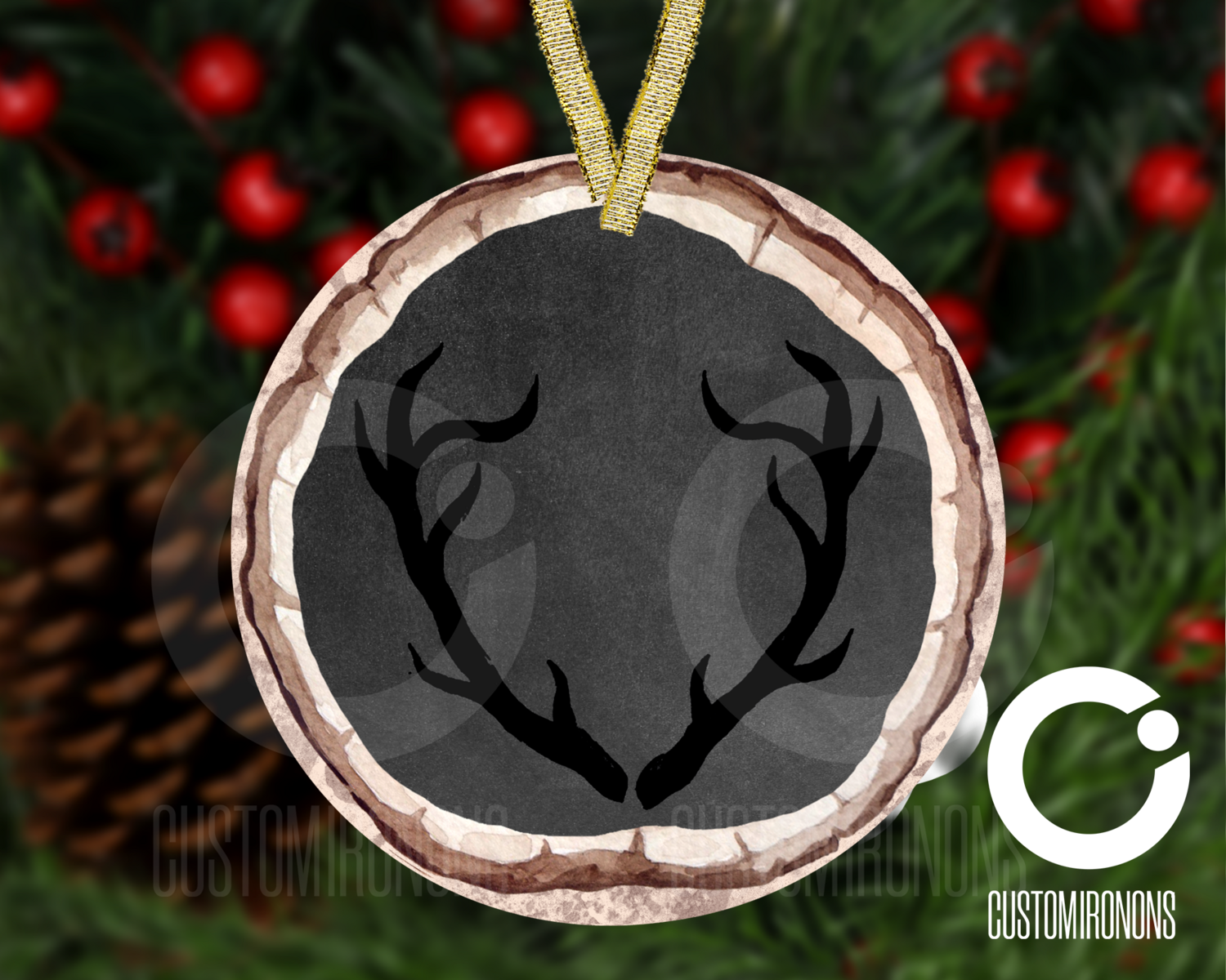 Antler Round Wood Ornament - Winter Holiday Frame Ornament
