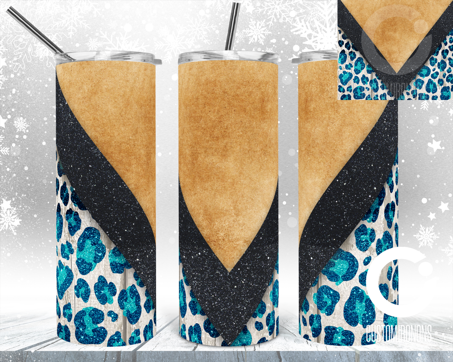 V Design Blue Cheetah Tan Black Glitter - Winter 20oz Tumbler Design - SEAMLESS
