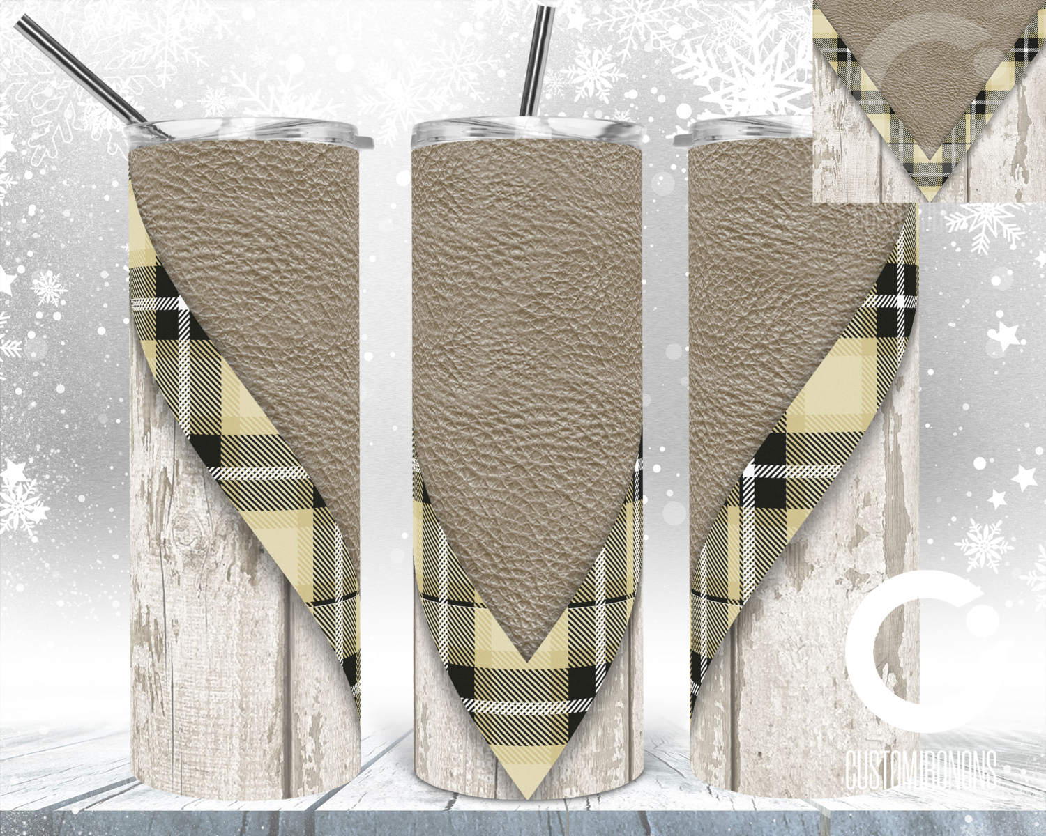 V Design Tan Plaid with Wood - Winter 20oz Tumbler Design - SEAMLESS