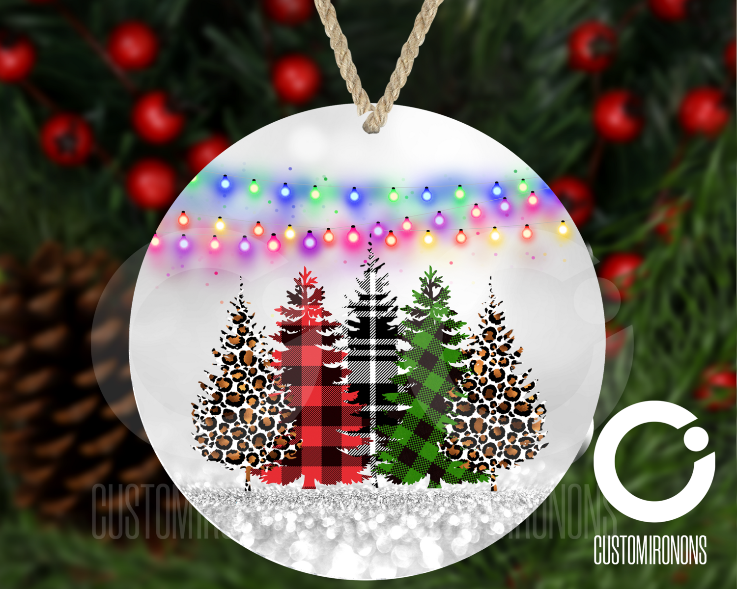 Plaid Trees Christmas Lights Round Ornament- Winter Holiday Ornament