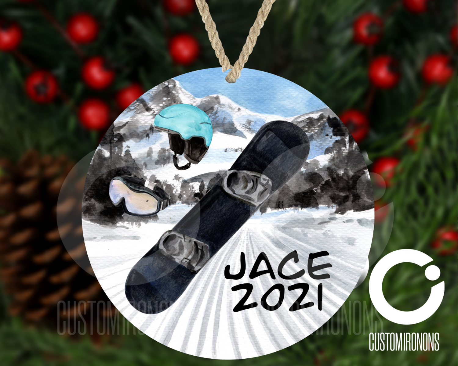 Snowboard Round Ornament- Winter Holiday Ornament