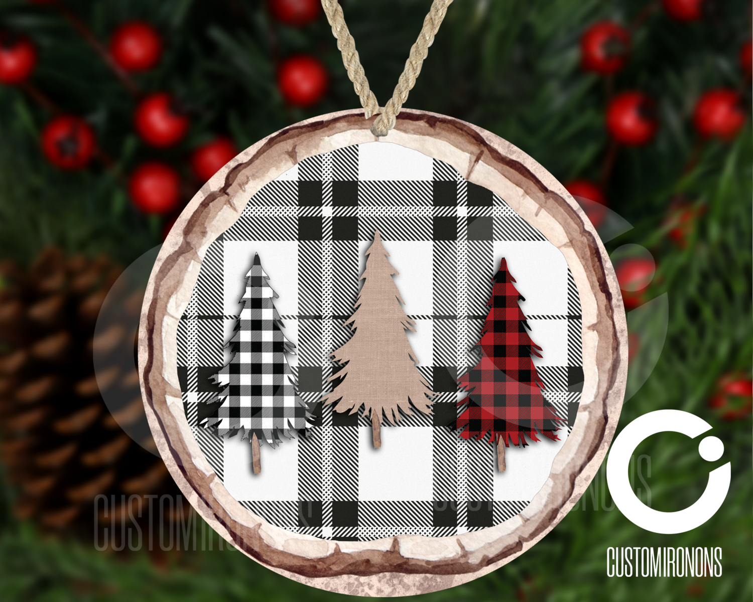 Plaid Trees Christmas  Round Ornament- Winter Holiday Ornament