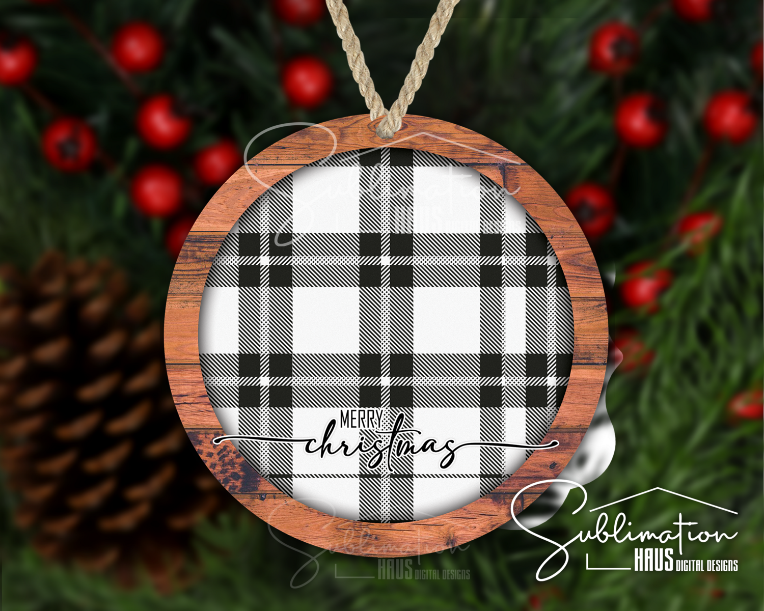 Wood Round Plaid Ornament- Winter Holiday Ornament