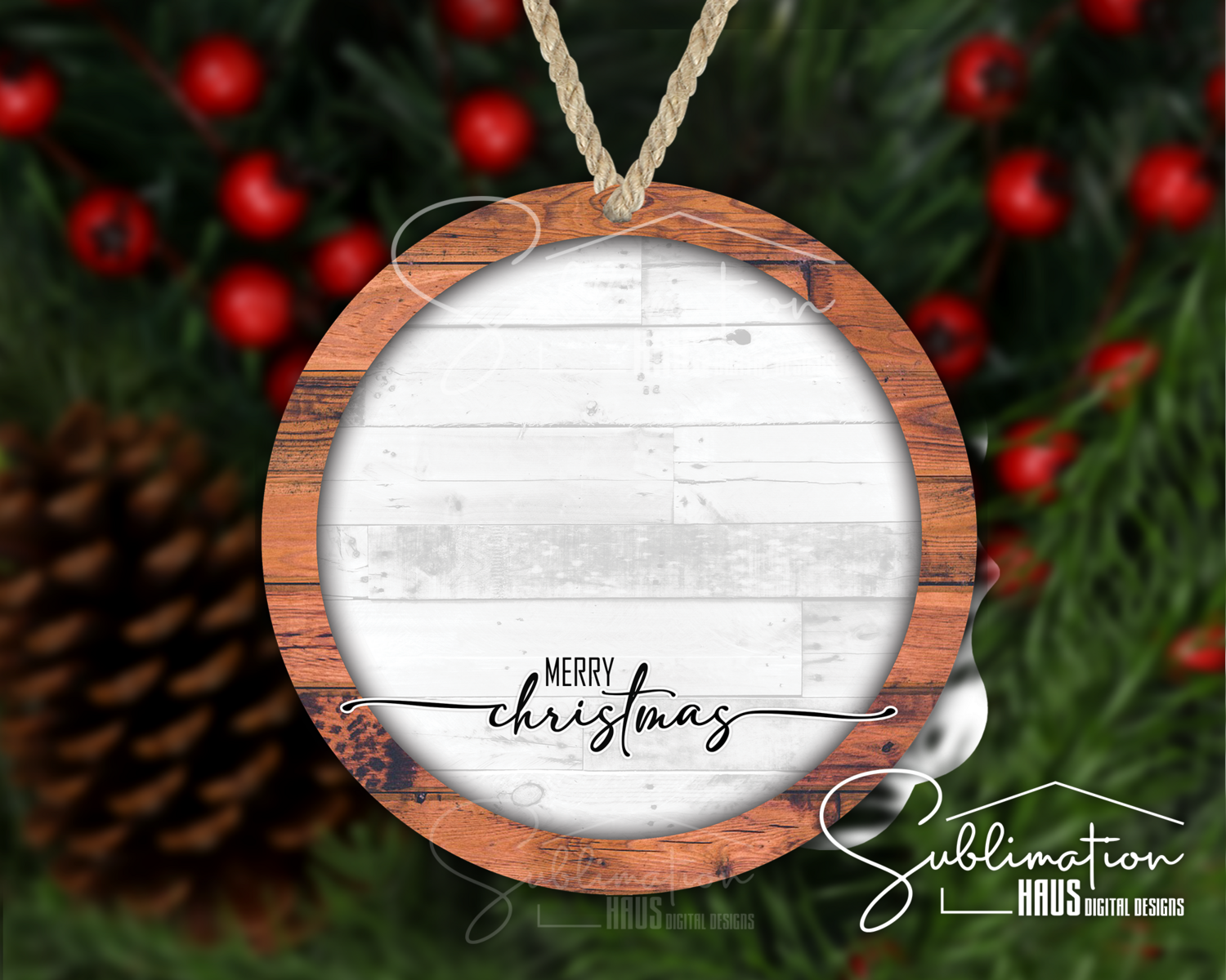 Wood Round White Ornament- Winter Holiday Ornament