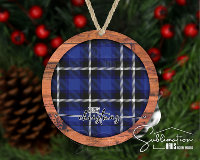 Wood Round Blue Plaid Ornament- Winter Holiday Ornament