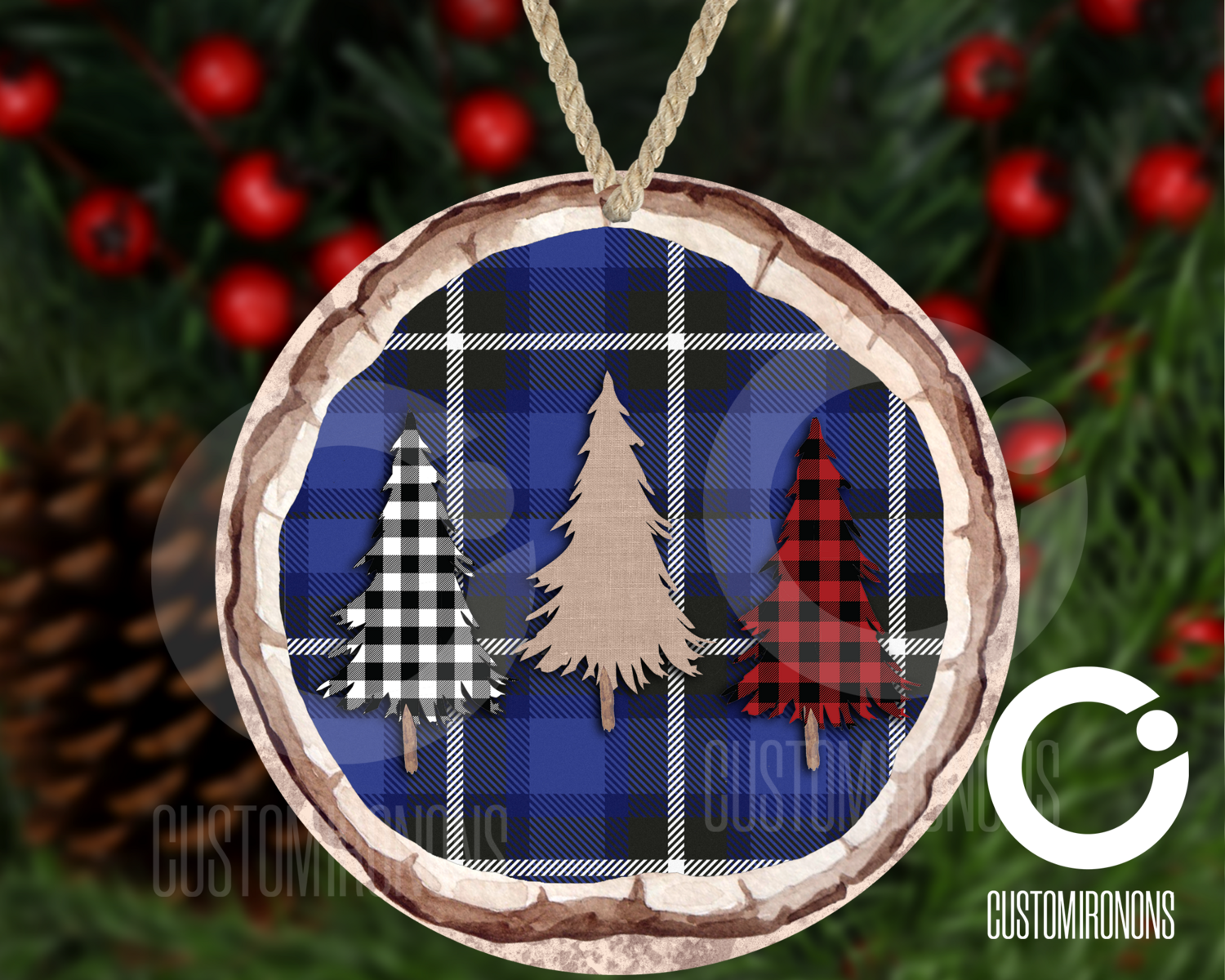 SET OF 4 Wood Round Plaid Ornament- Winter Holiday Ornament