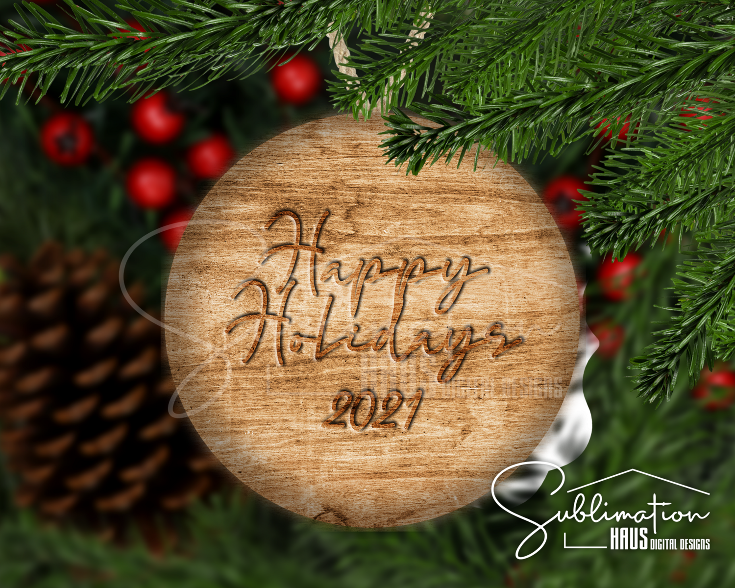 Happy Holidays Wood Round Edges -  Winter Holiday Ornament