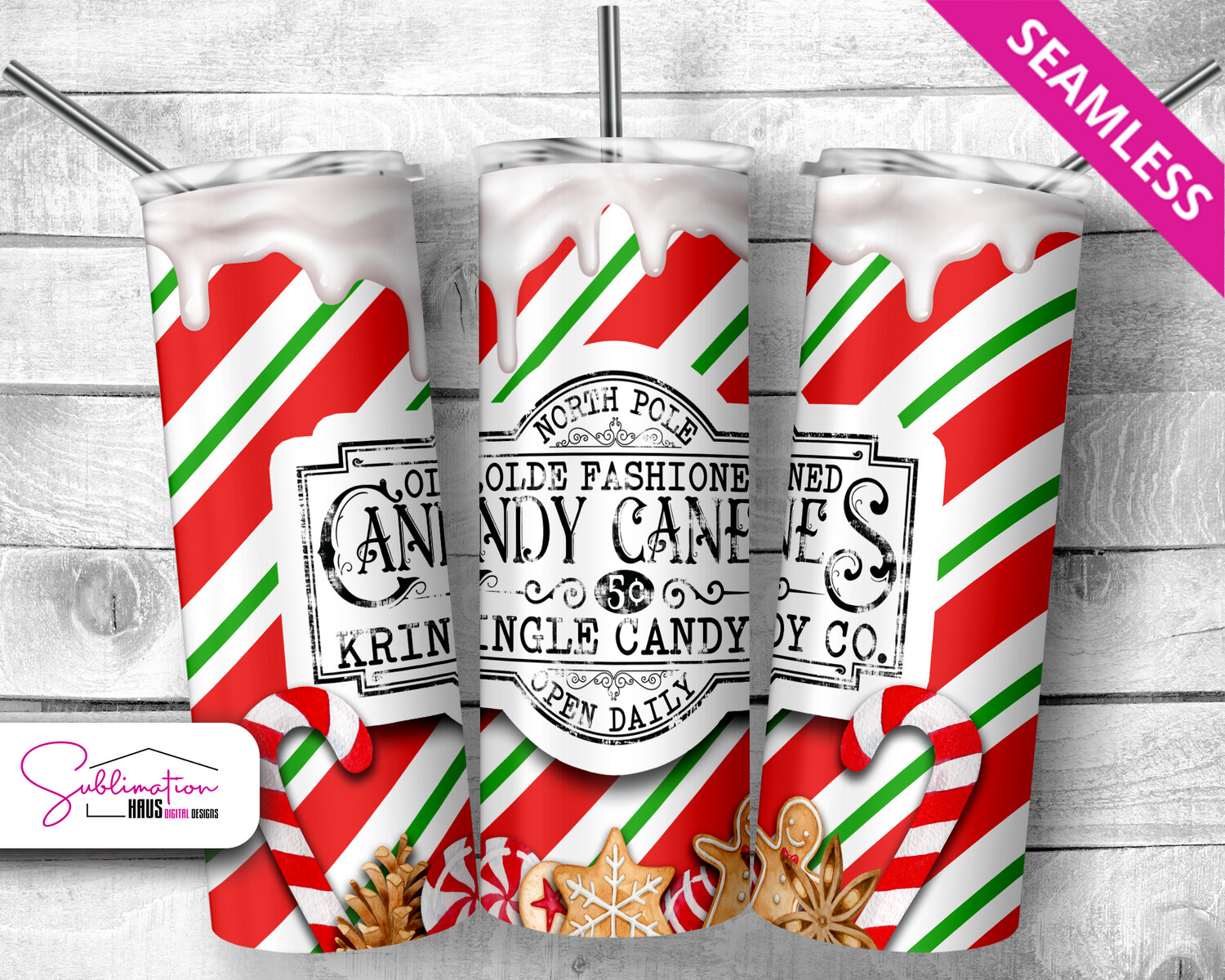 Candy Cane Red Green Stripes with Drip - 20oz Tumbler Design