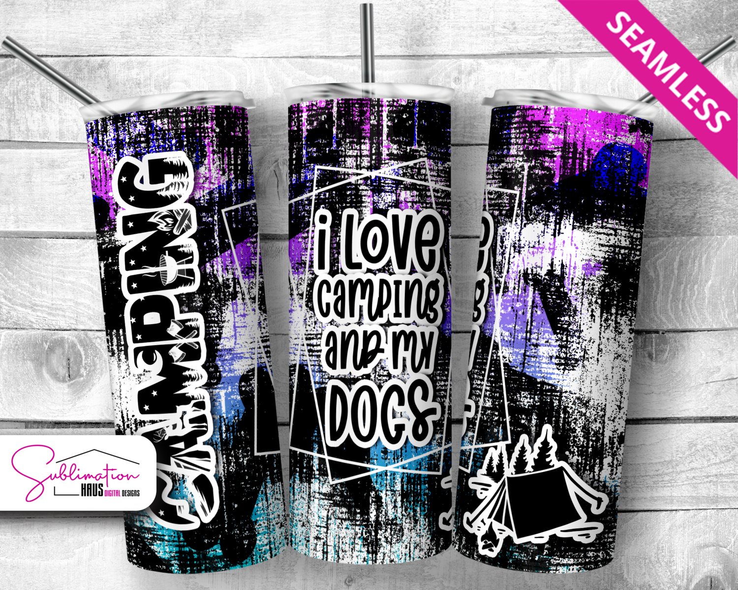 I love camping and my dogs - 20oz tumbler - Purple Blue
