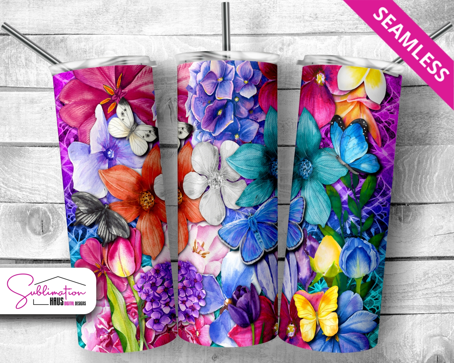 Bright Floral with Butterflies 20oz Tumbler Design -