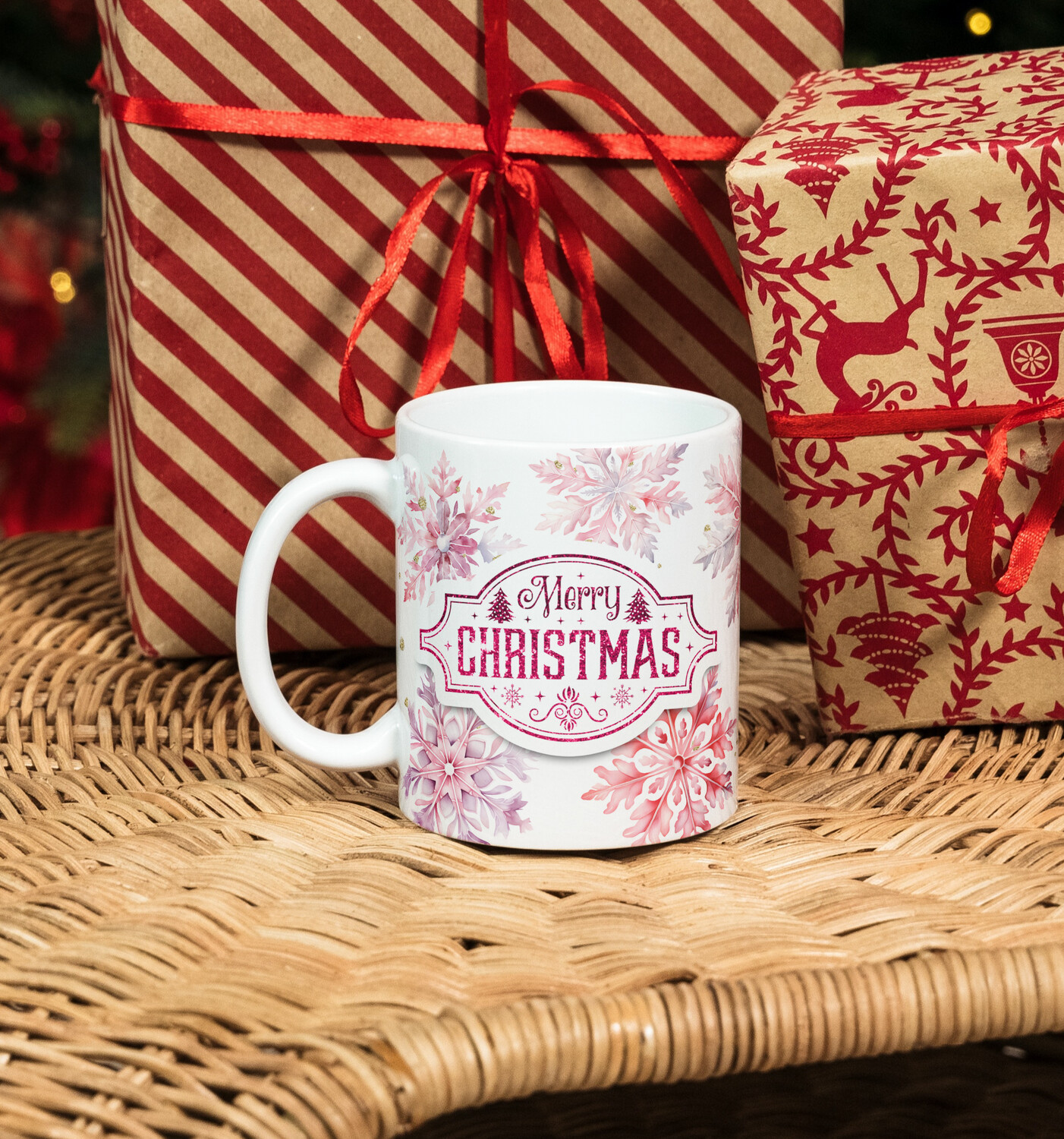 Merry Christmas 15oz mug Pink Snowflakes