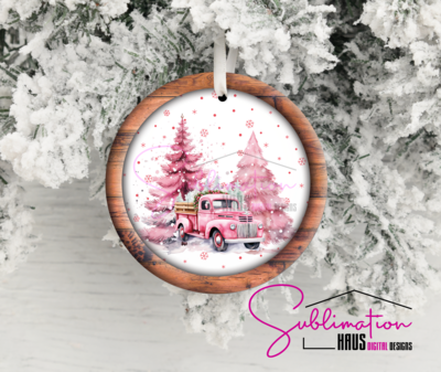 Pink Trees and Truck (Larger) - Round Ornament