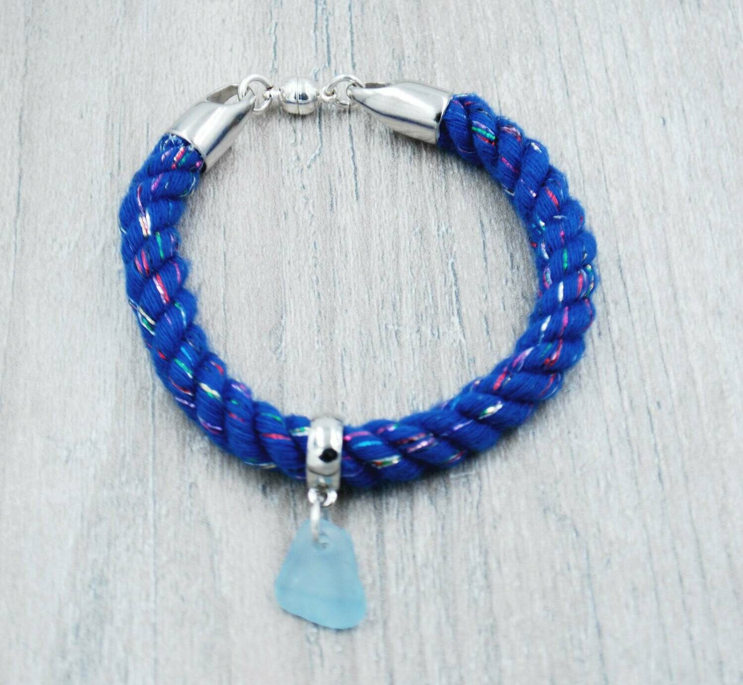 Blue Glitter Nautical Rope Bracelet with Light Blue Maine Sea Glass